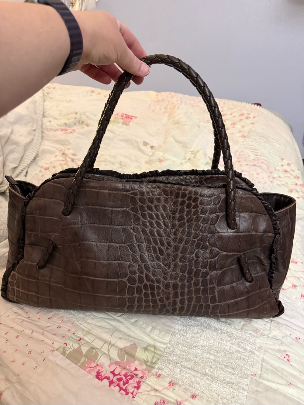 Vintage Authentic Furla Croc-Embossed Leather Satchel In Deep Chocolate Brown